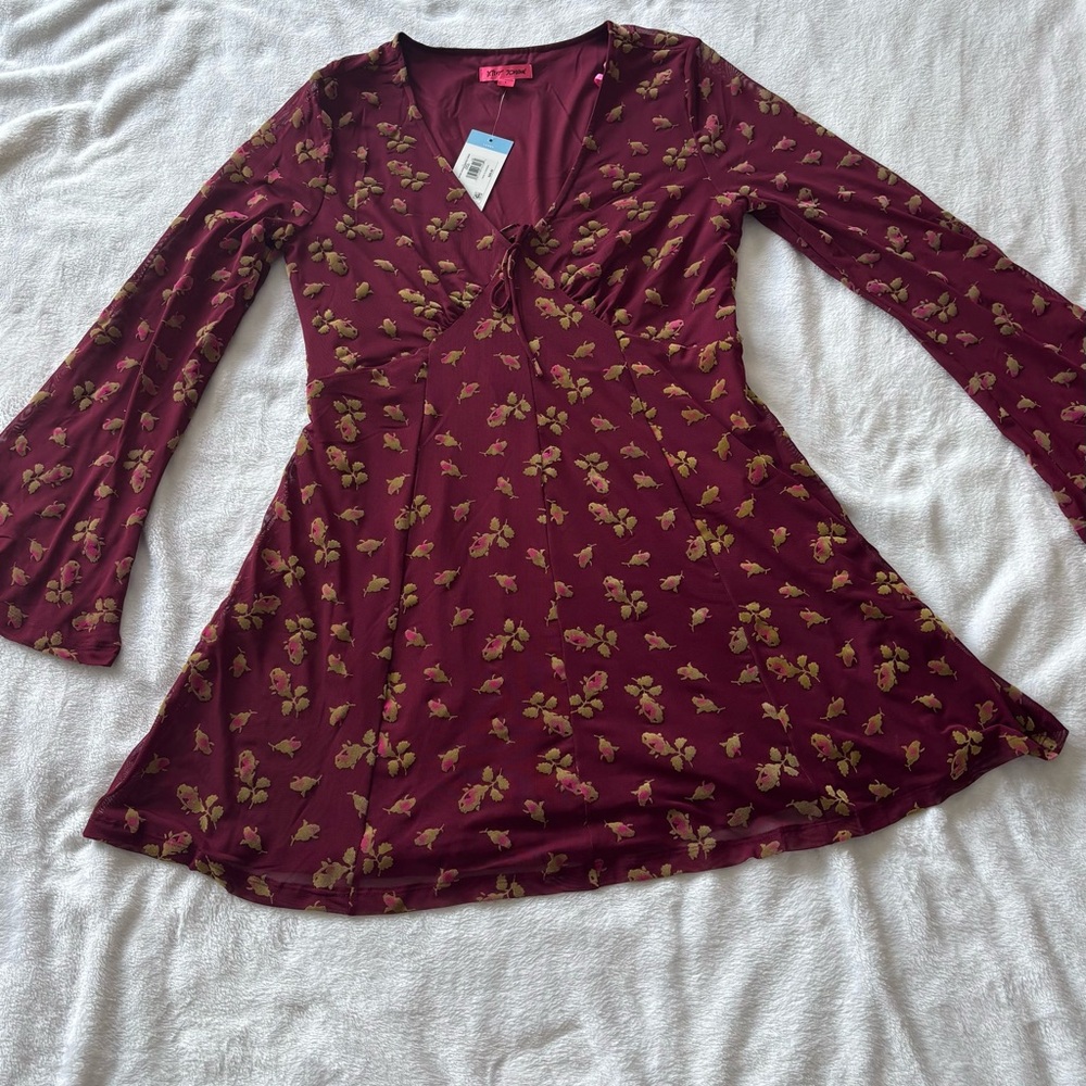 Betsey Johnson Burgundy with pink rosebuds  Babydoll Mini Dress